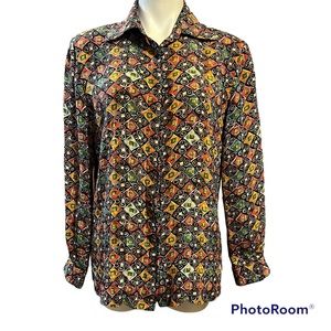 TESS vintage 100% silk colorful vibrant button up long sleeve blouse